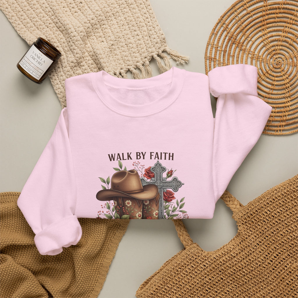 Faith Cowboy Boots Sweatshirt — "Walk by Faith, Even When You Cannot See" Christian Crewneck
