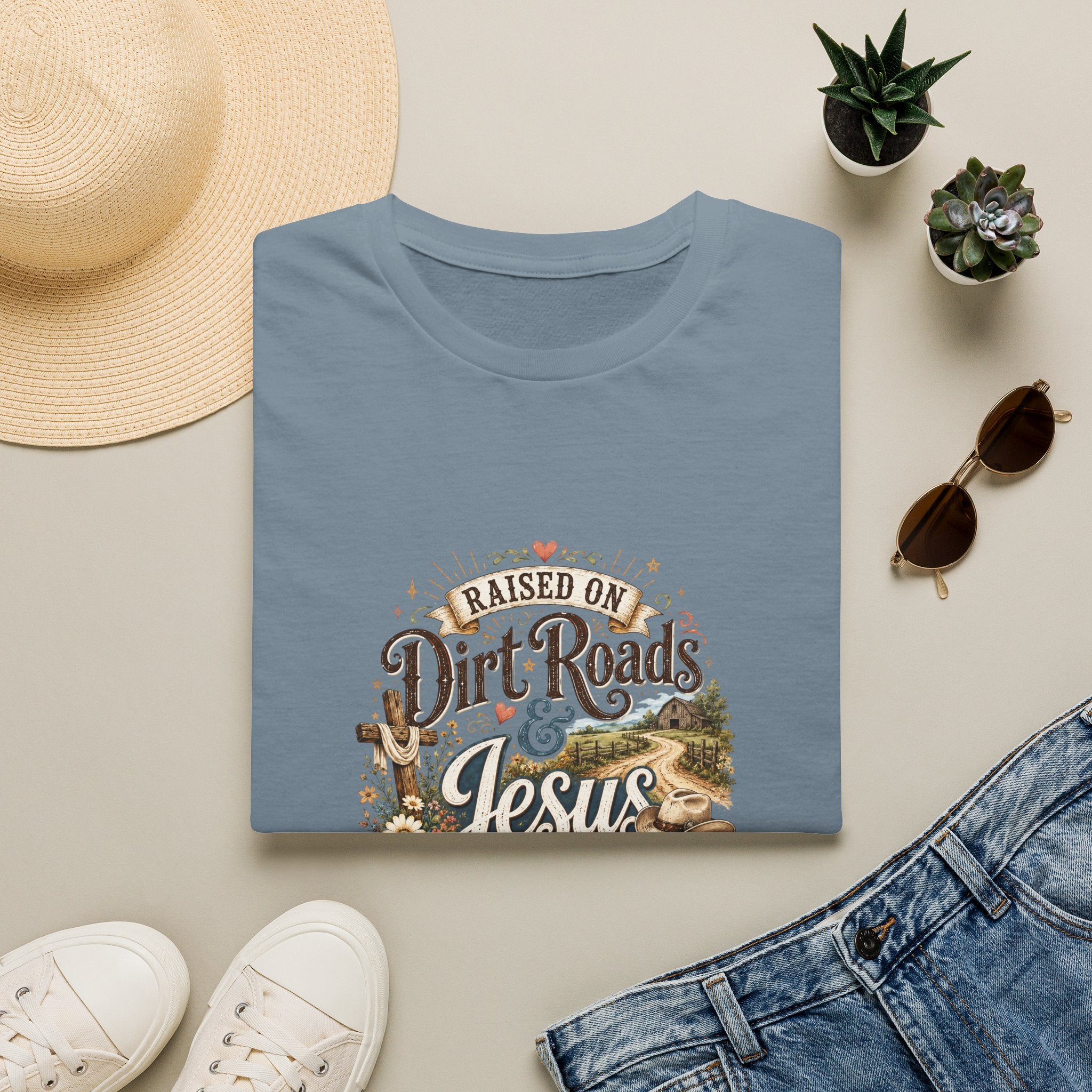 Raised on Dirt Roads & Jesus T-Shirt — Rustic Christian Gift for Women Faith Tee