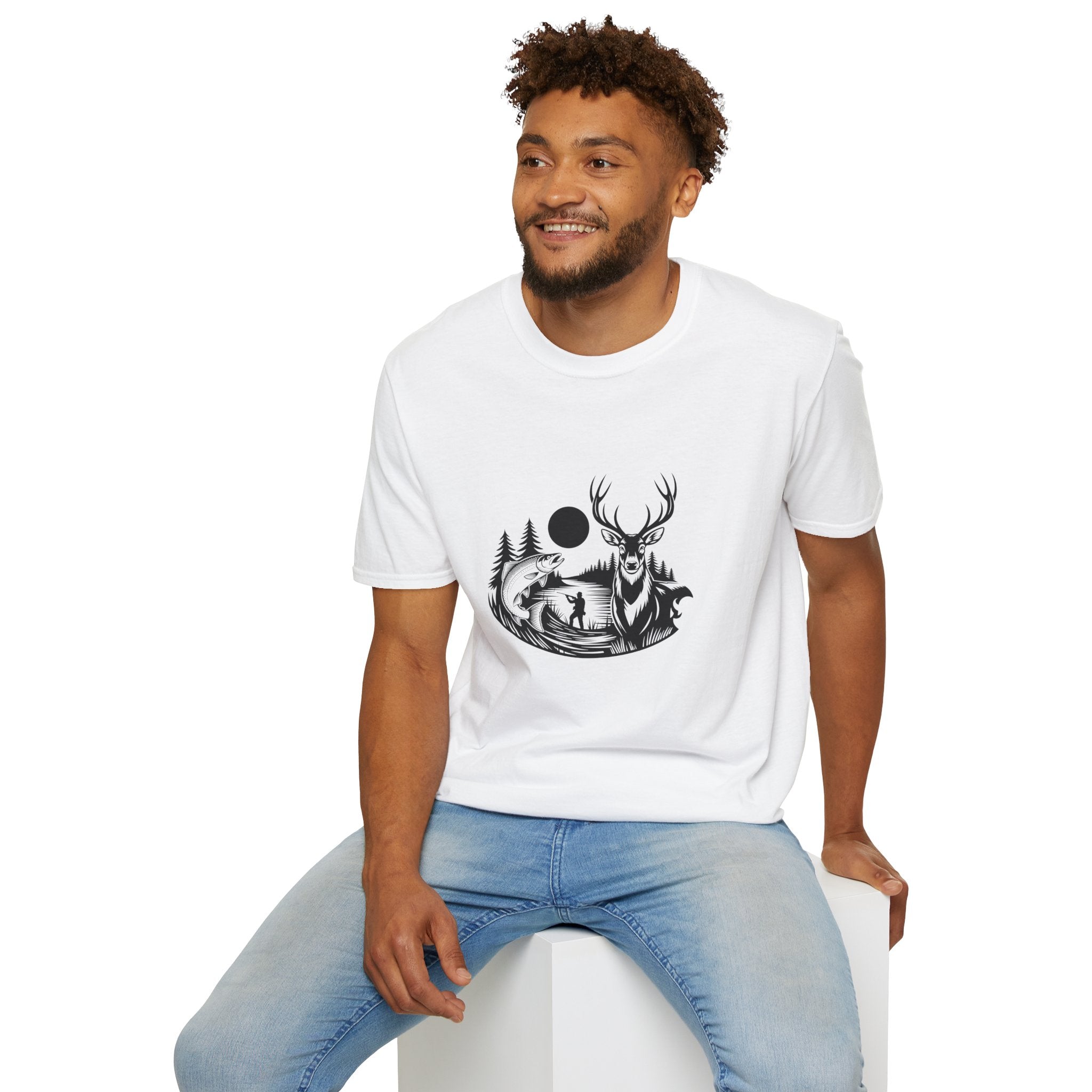Deer & Fish Forest Silhouette T-Shirt — Rustic Outdoor Gift for Hunters Graphic Tee
