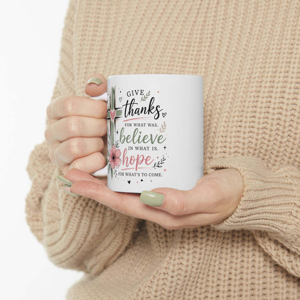 Floral Cross Give Thanks Ceramic Mug — Inspirational Christian Gift Coffee Cup 11oz 15oz