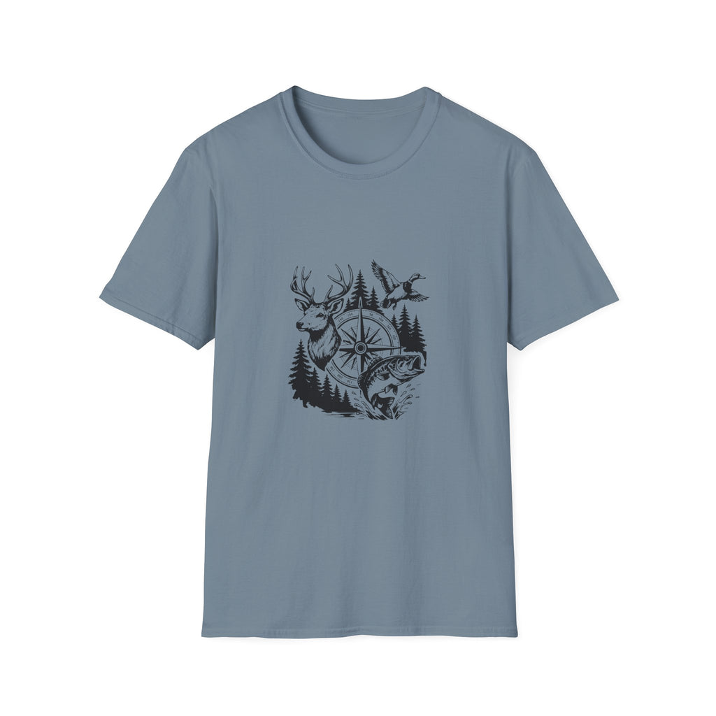 Outdoor Wildlife Compass T-Shirt — Deer Duck & Fish Nature Gift for Hunters