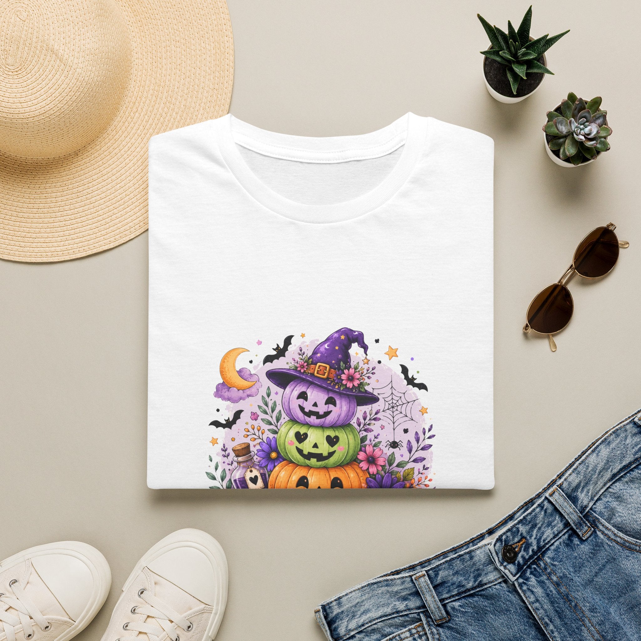 Spooky Season Pumpkin Stack T-Shirt — Cute Halloween Gift for Women Witch Hat Tee