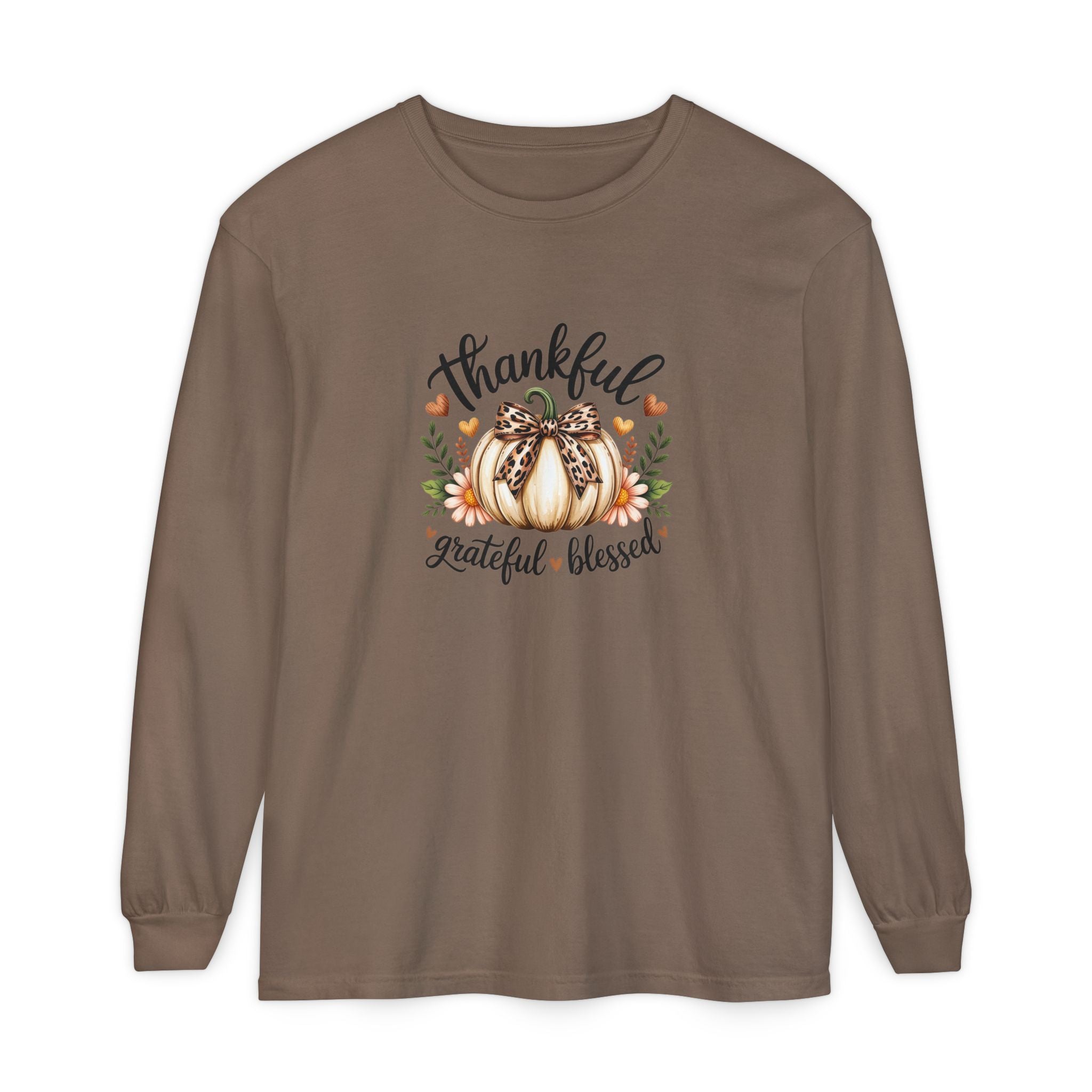 Thankful Grateful Blessed Pumpkin Long Sleeve — Cute Fall Thanksgiving Gift for Women