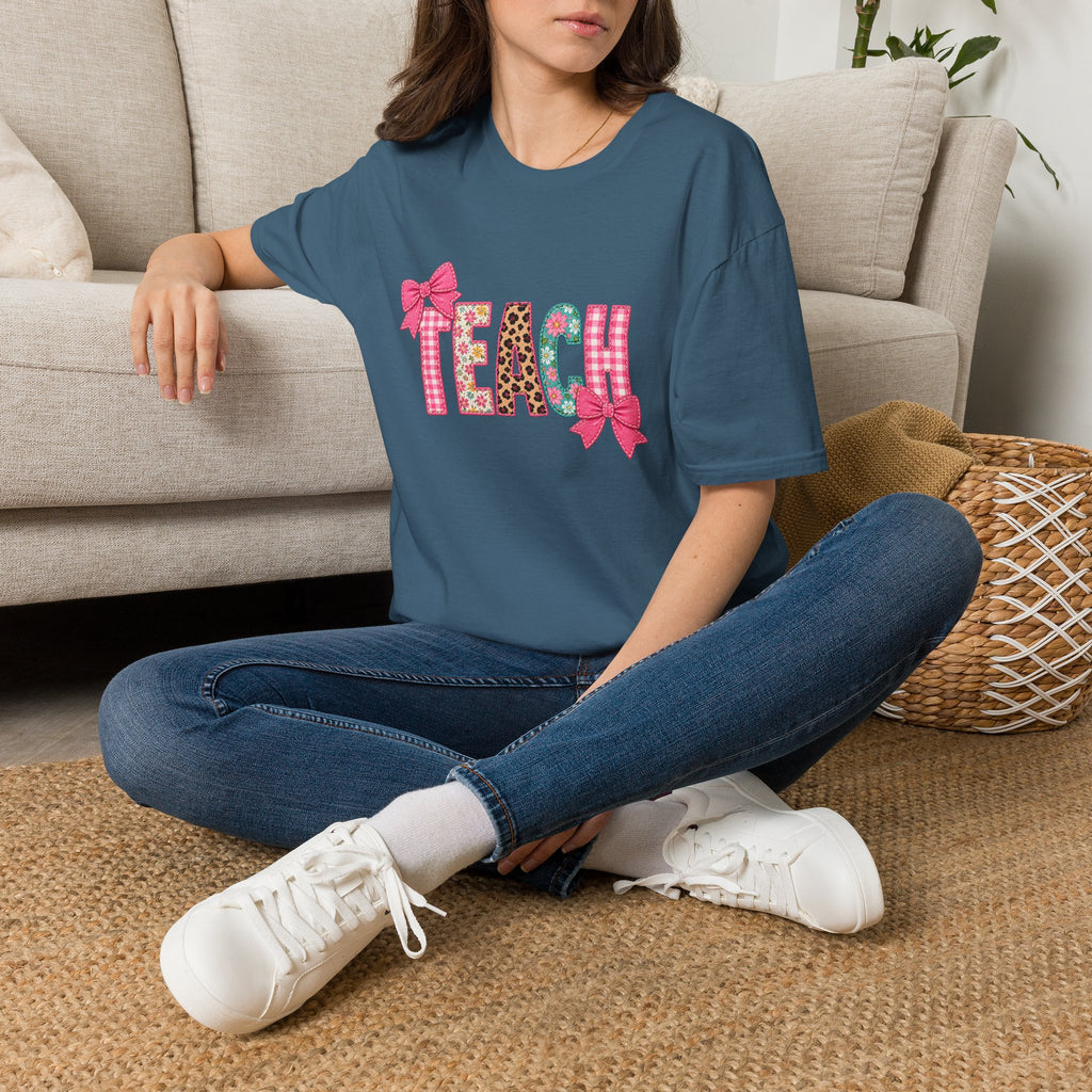 Floral Leopard TEACH T-Shirt — Cute Back-to-School Gift for Teachers Pink Bow Tee