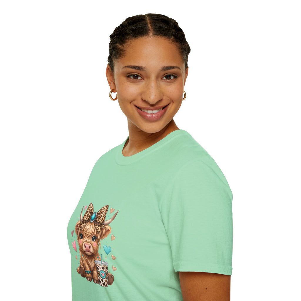 Highland Cow Leopard Bow T-Shirt — Cute Funny Gift for Her Hearts Graphic Tee