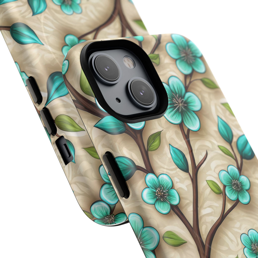 Floral Teal Blossom Tough Magnetic iPhone Case — MagSafe Protective Cover