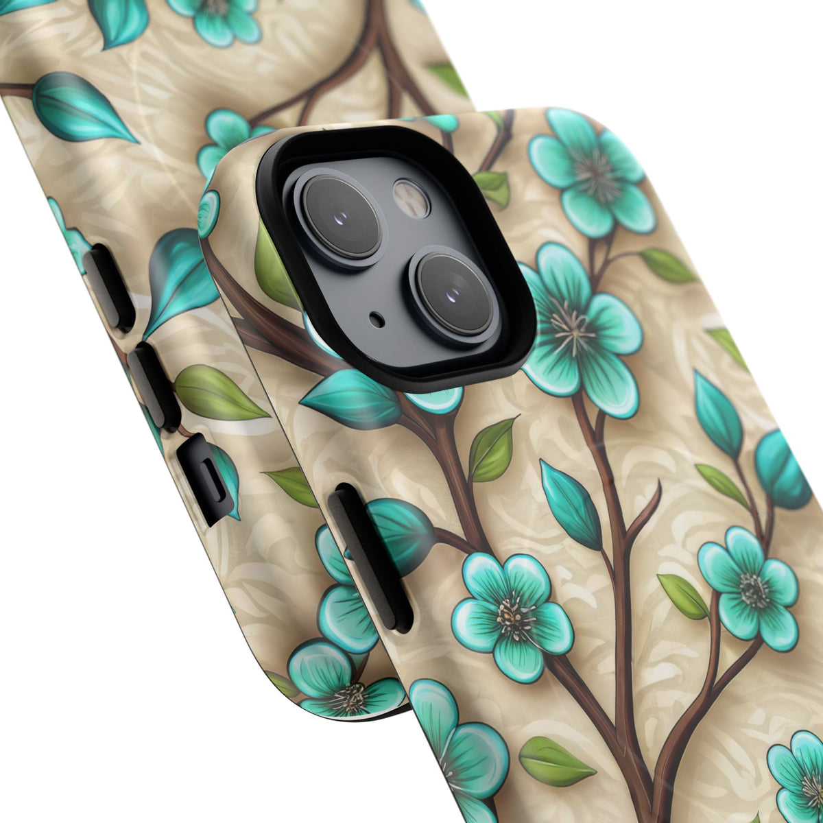 Floral Teal Blossom Tough Magnetic iPhone Case — MagSafe Protective Cover