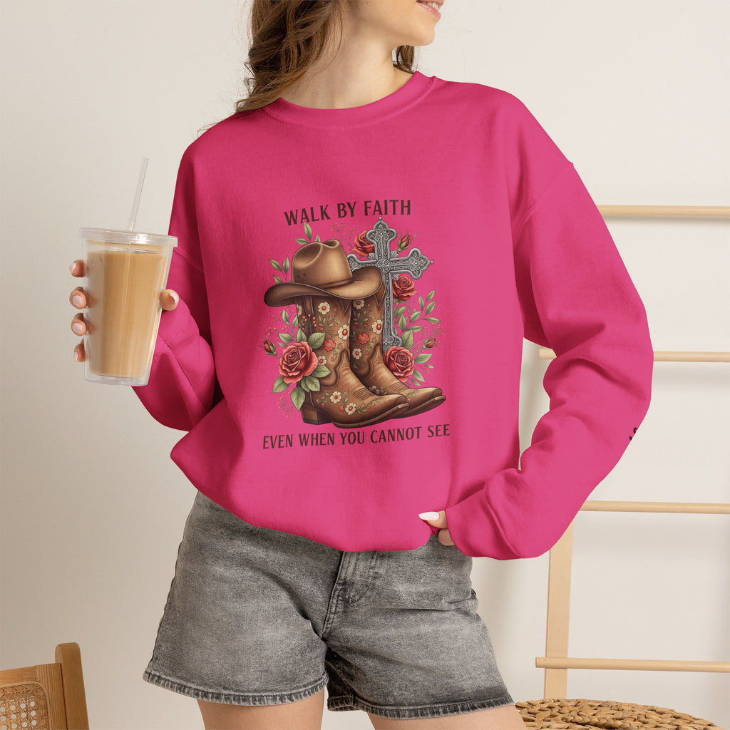 Faith Cowboy Boots Sweatshirt — "Walk by Faith, Even When You Cannot See" Christian Crewneck