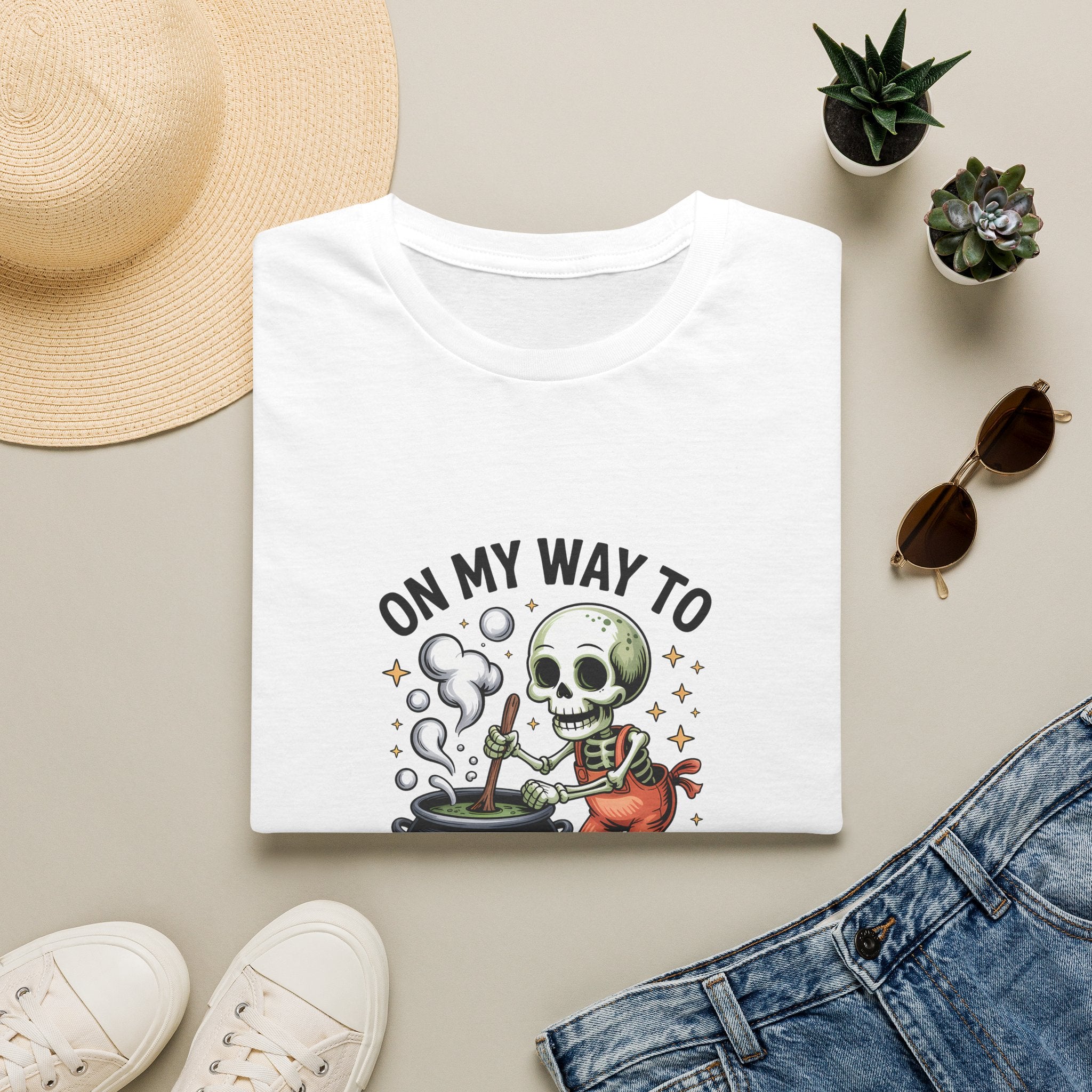 On My Way to Stir the Pot Skeleton T-Shirt — Funny Halloween Gift for Women