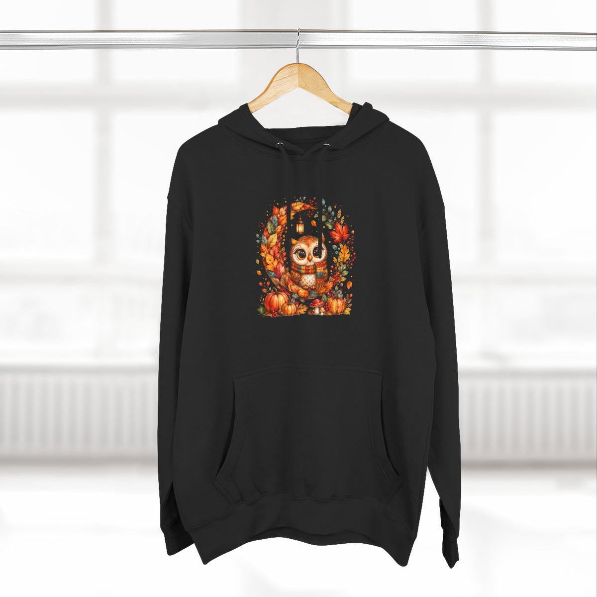 Cozy Autumn Owl Crescent Moon Embroidered Hoodie