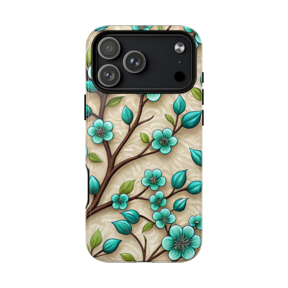Floral Teal Blossom Tough Magnetic iPhone Case — MagSafe Protective Cover