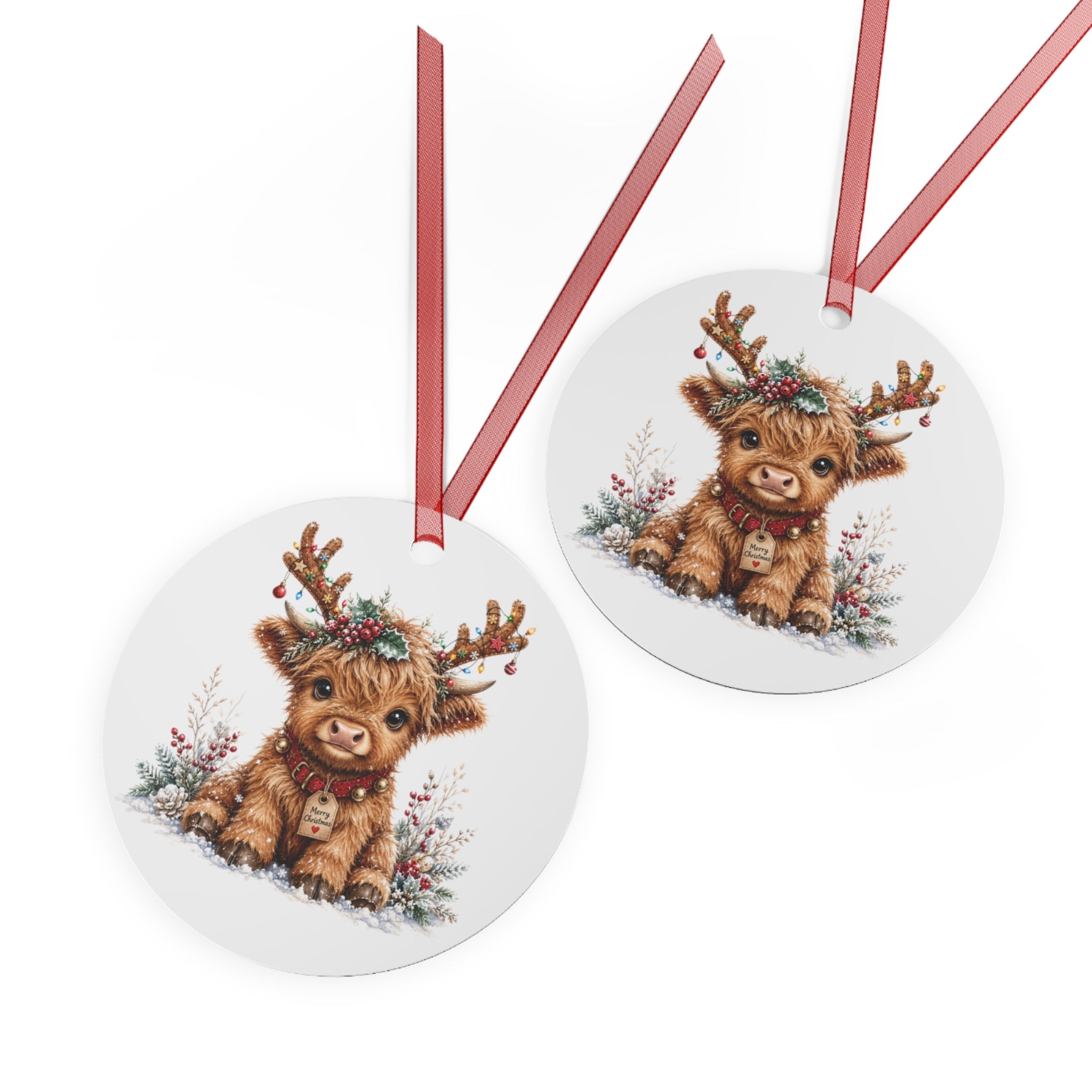 Cute Highland Cow Metal Ornament — Holiday Christmas Tree Decoration