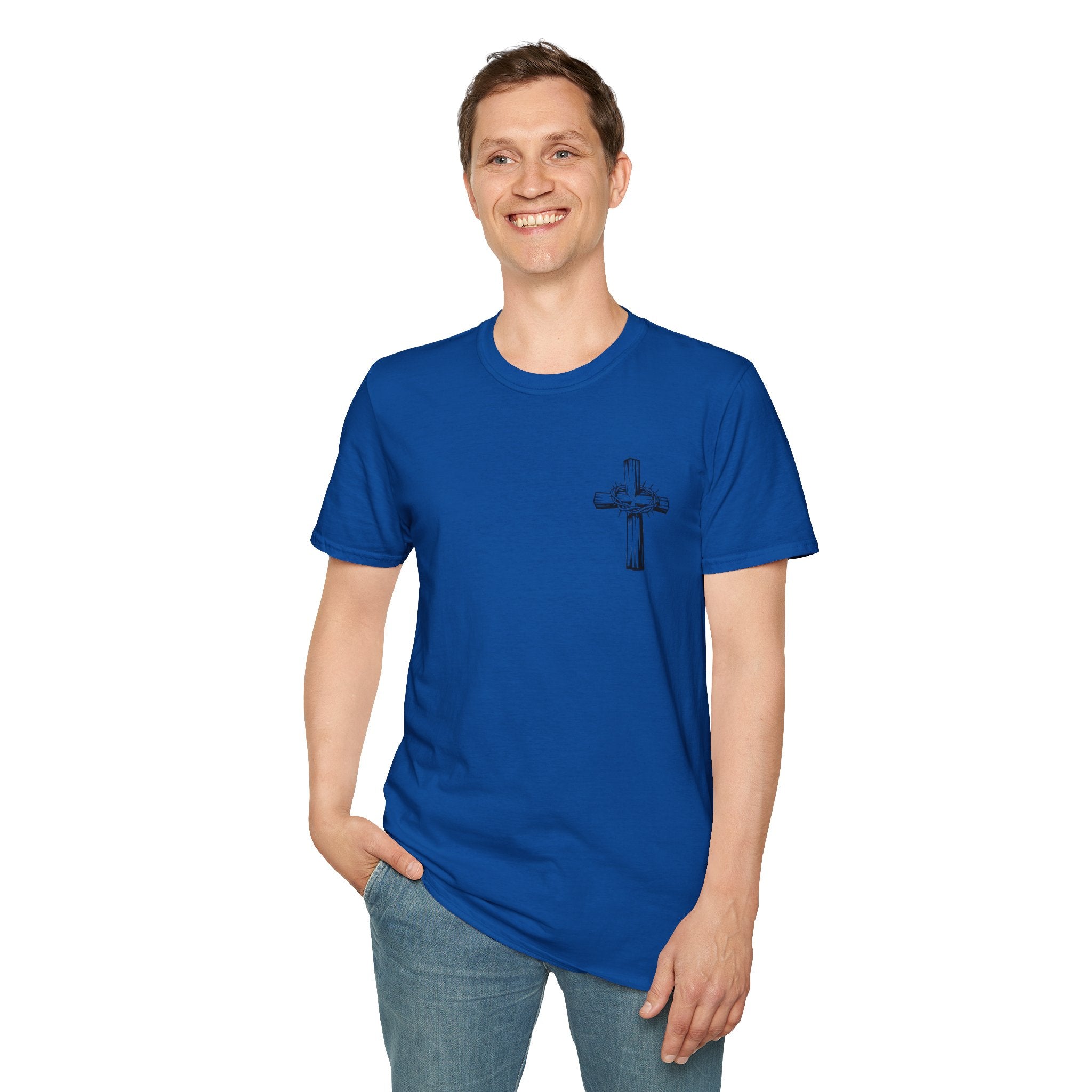 Cross Lion and Jesus Back Print T-Shirt — Wood Cross Chest Christian Faith Graphic