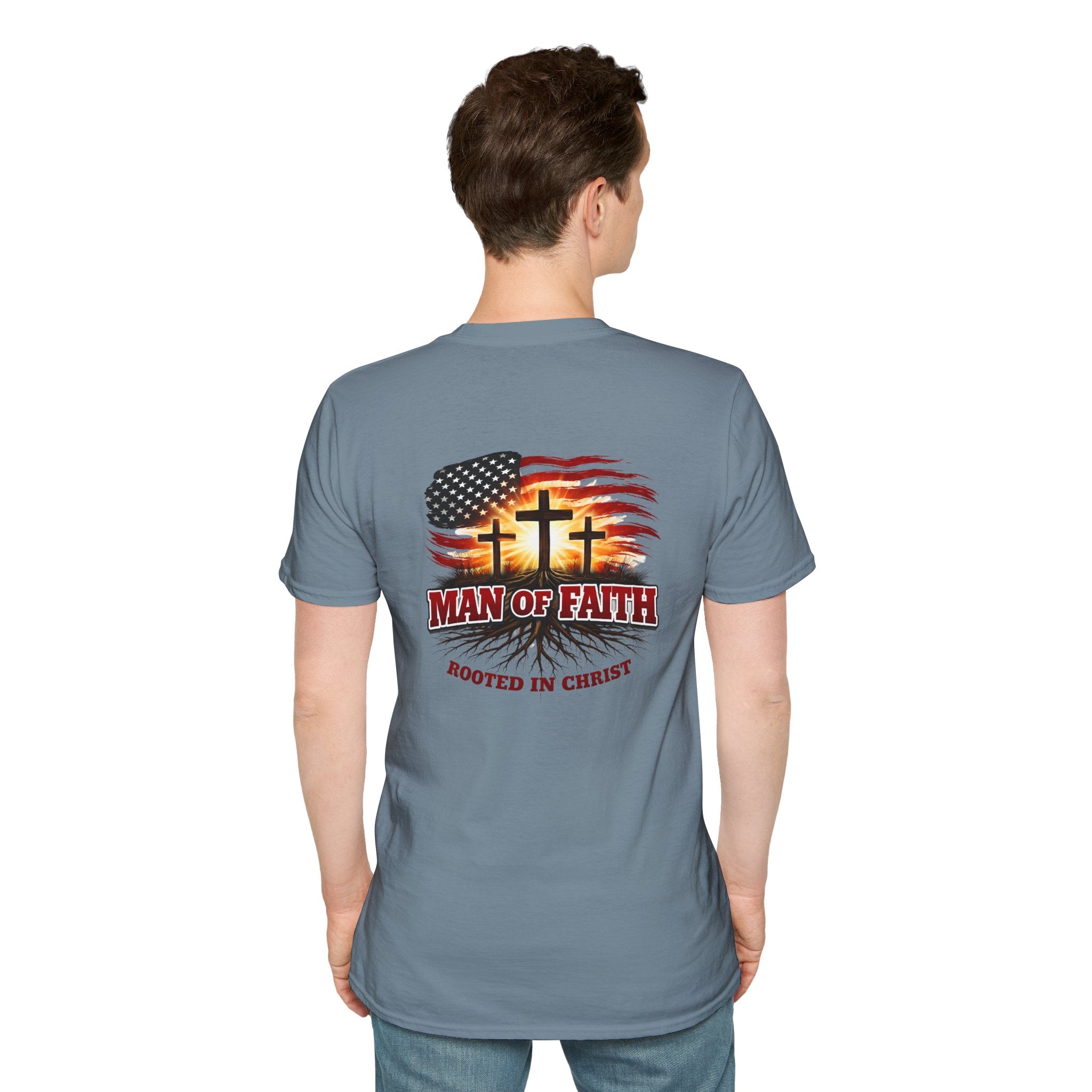 Man of Faith Rooted in Christ T-Shirt — Christian Gift for Him Flag & Cross Back Print Graphic Tee