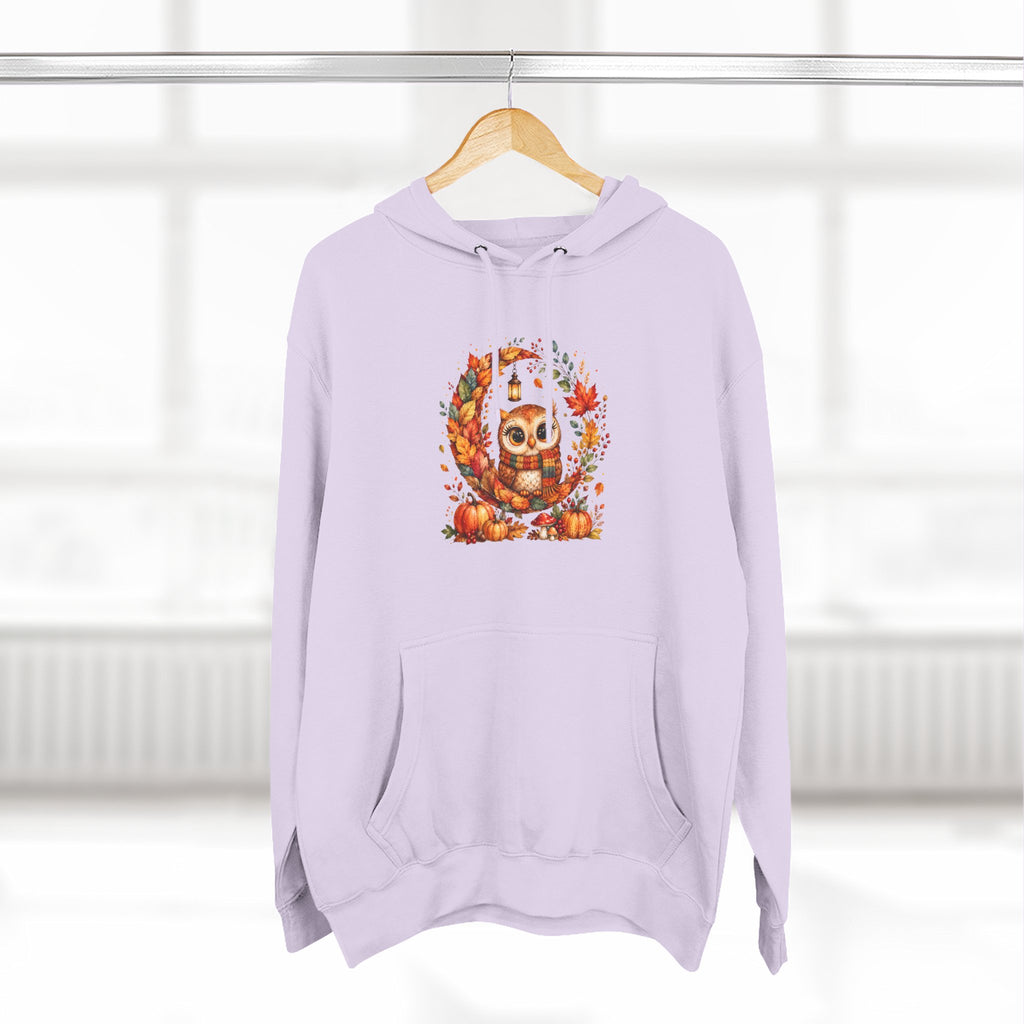 Cozy Autumn Owl Crescent Moon Embroidered Hoodie