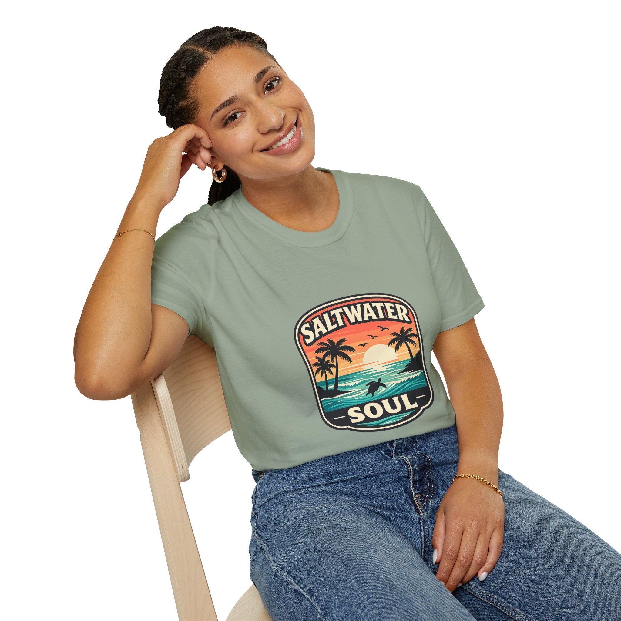 Saltwater Soul Retro Beach T-Shirt — Cute Coastal Gift for Women Sunset Palm Tee