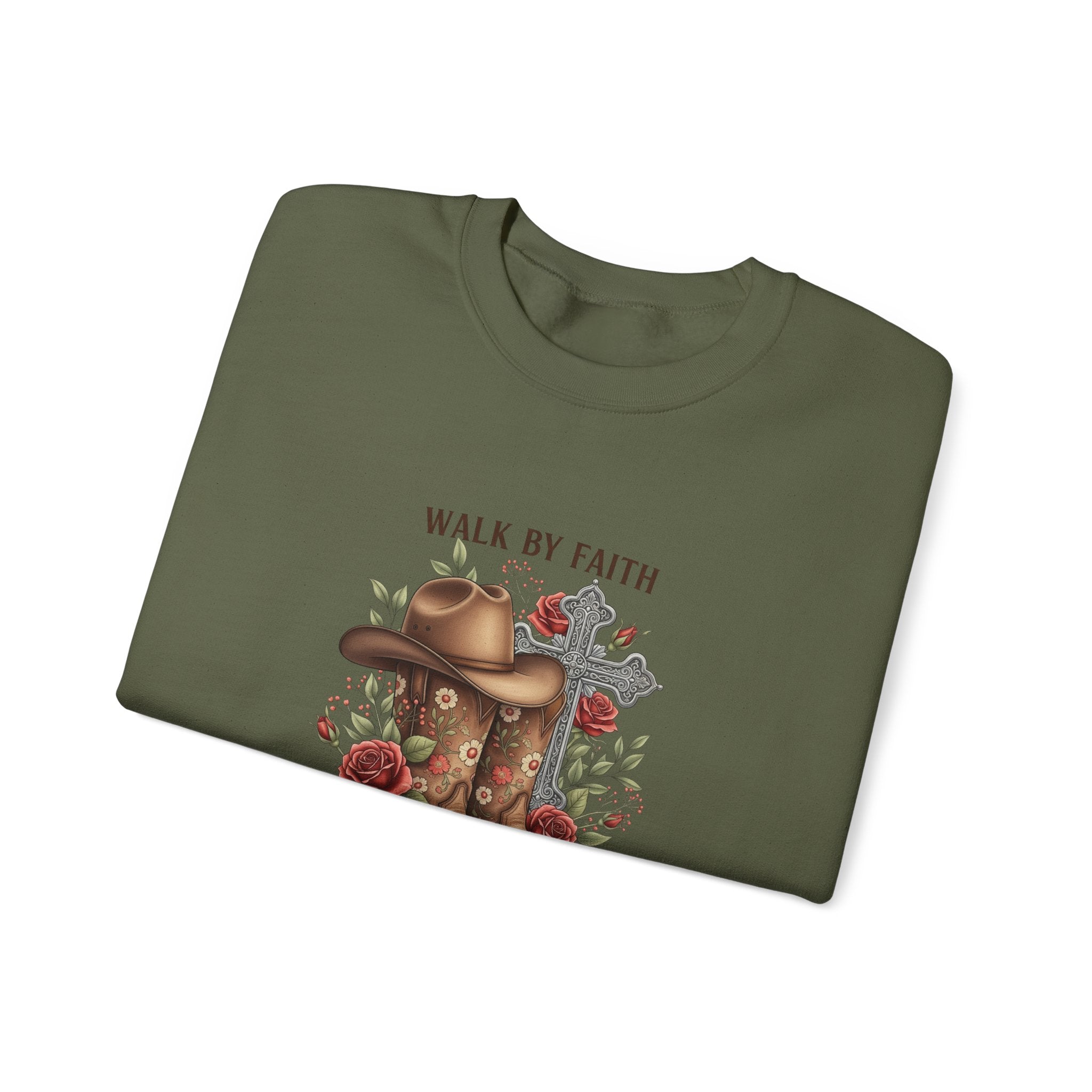 Faith Cowboy Boots Sweatshirt — "Walk by Faith, Even When You Cannot See" Christian Crewneck