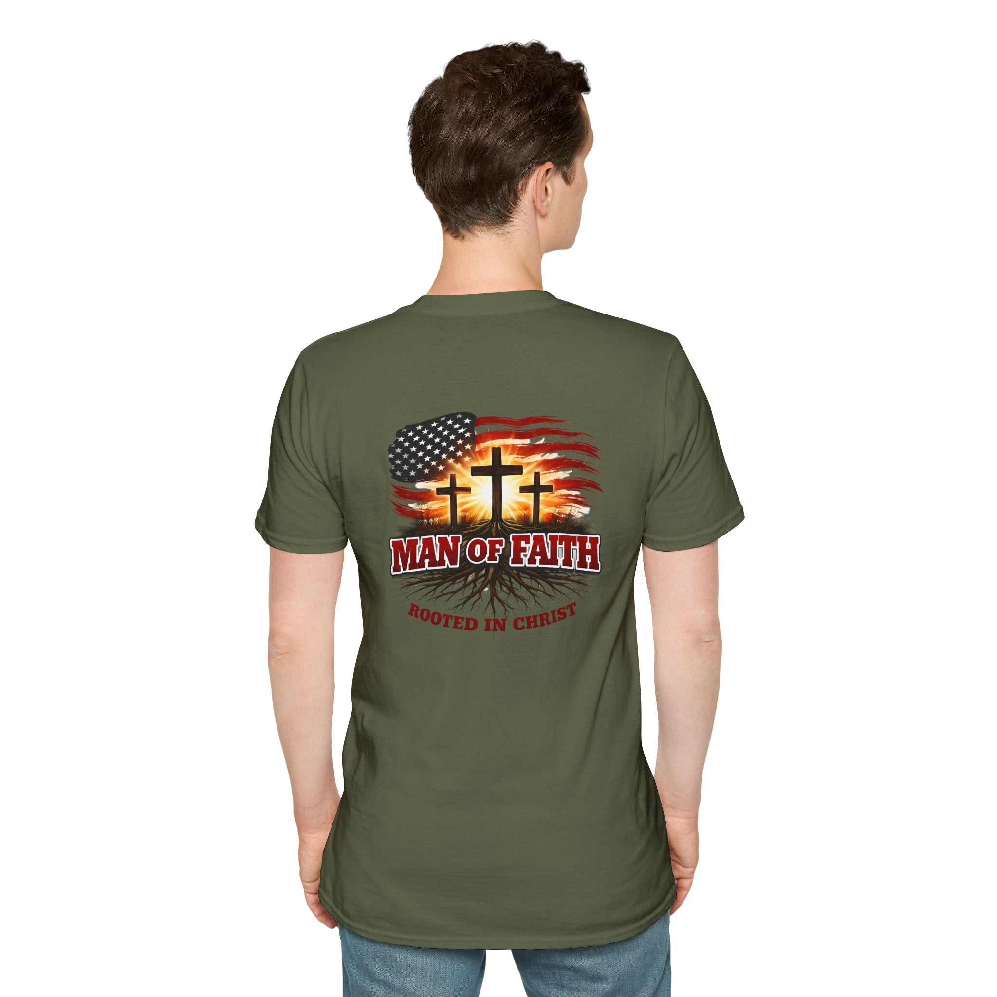 Man of Faith Rooted in Christ T-Shirt — Christian Gift for Him Flag & Cross Back Print Graphic Tee