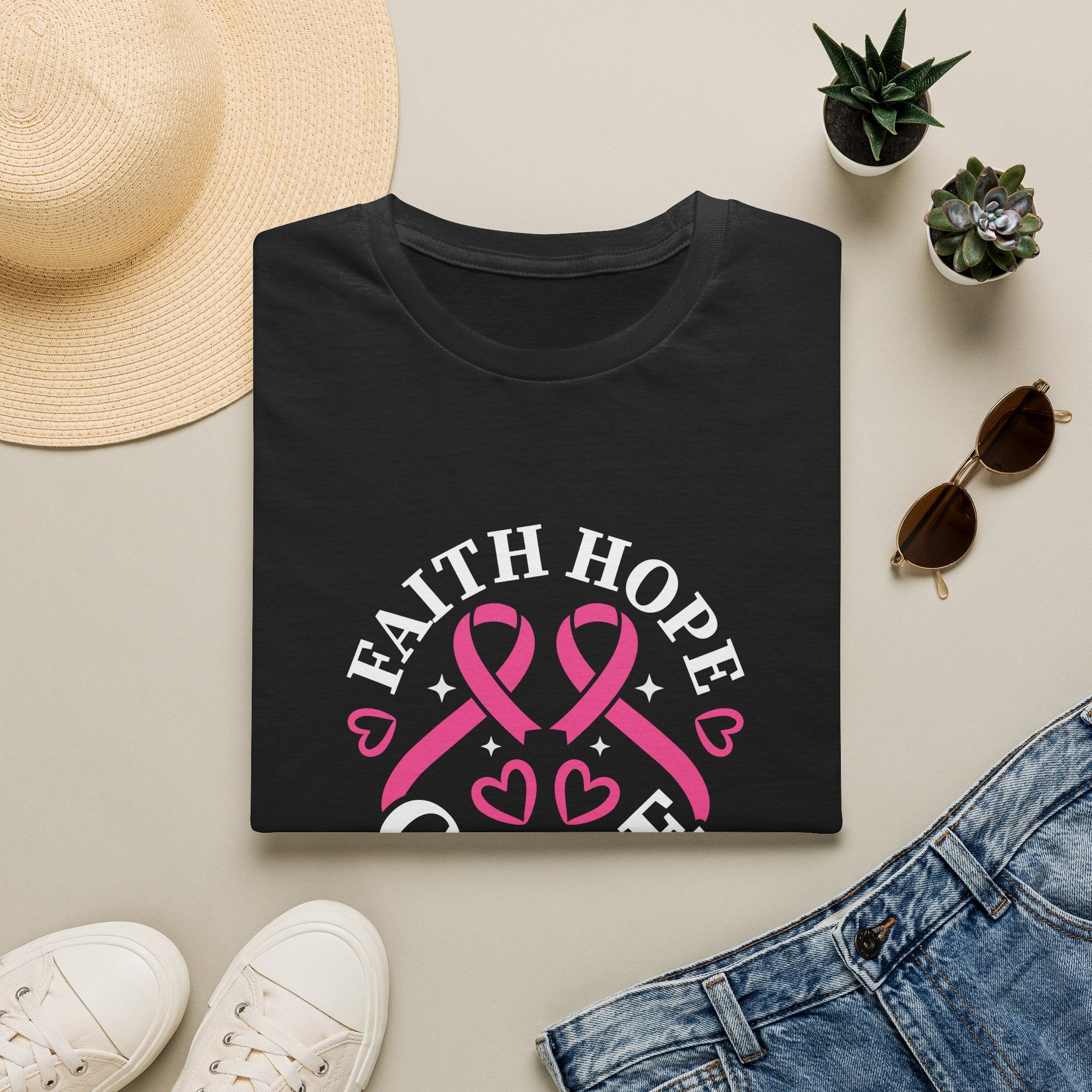 Faith Hope Cure Breast Cancer Awareness T-Shirt — Pink Ribbon Gift for Her Support Graphic Tee