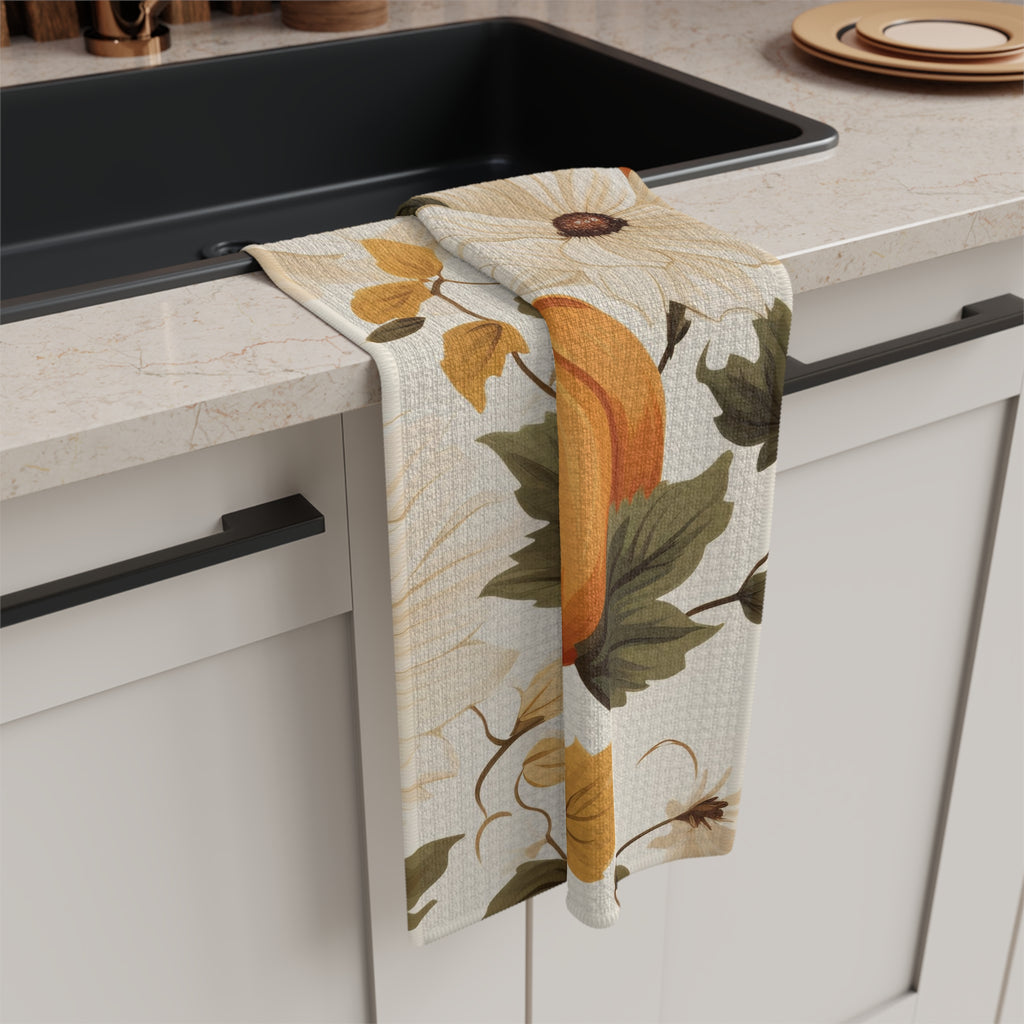 Autumn Pumpkin Tea Towel — Fall Floral Microfiber Kitchen Towel