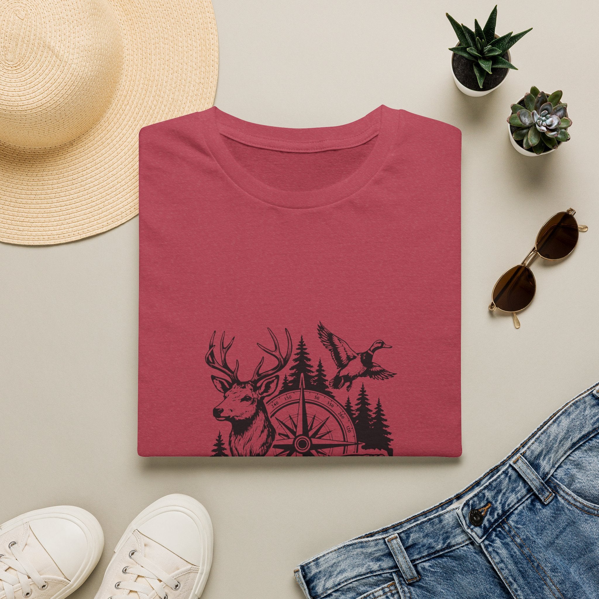 Outdoor Wildlife Compass T-Shirt — Deer Duck & Fish Nature Gift for Hunters