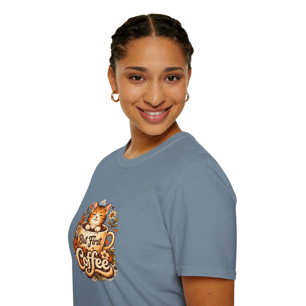 But First Coffee Cat T-Shirt — Cute Floral Gift for Coffee Lovers Women's Tee