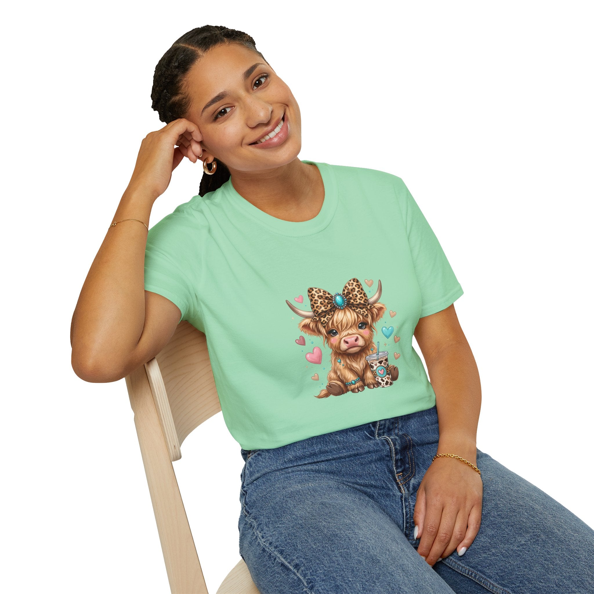 Highland Cow Leopard Bow T-Shirt — Cute Funny Gift for Her Hearts Graphic Tee