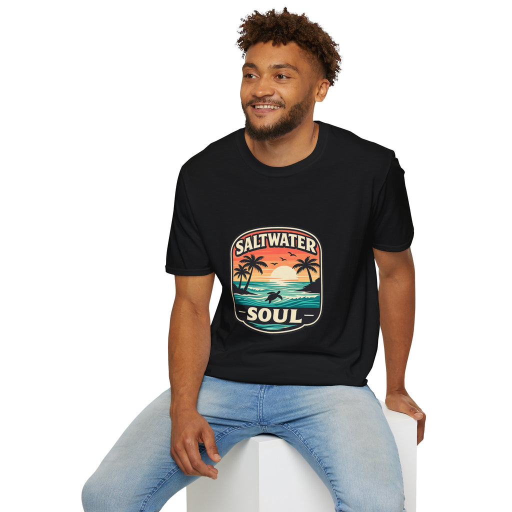 Saltwater Soul Retro Beach T-Shirt — Cute Coastal Gift for Women Sunset Palm Tee