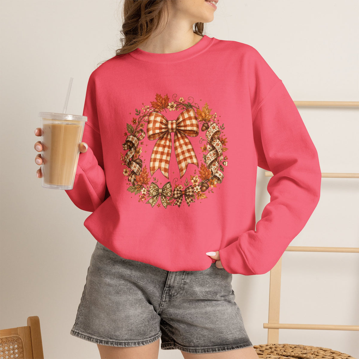 Cozy Autumn Plaid Bow Wreath Crewneck Sweatshirt