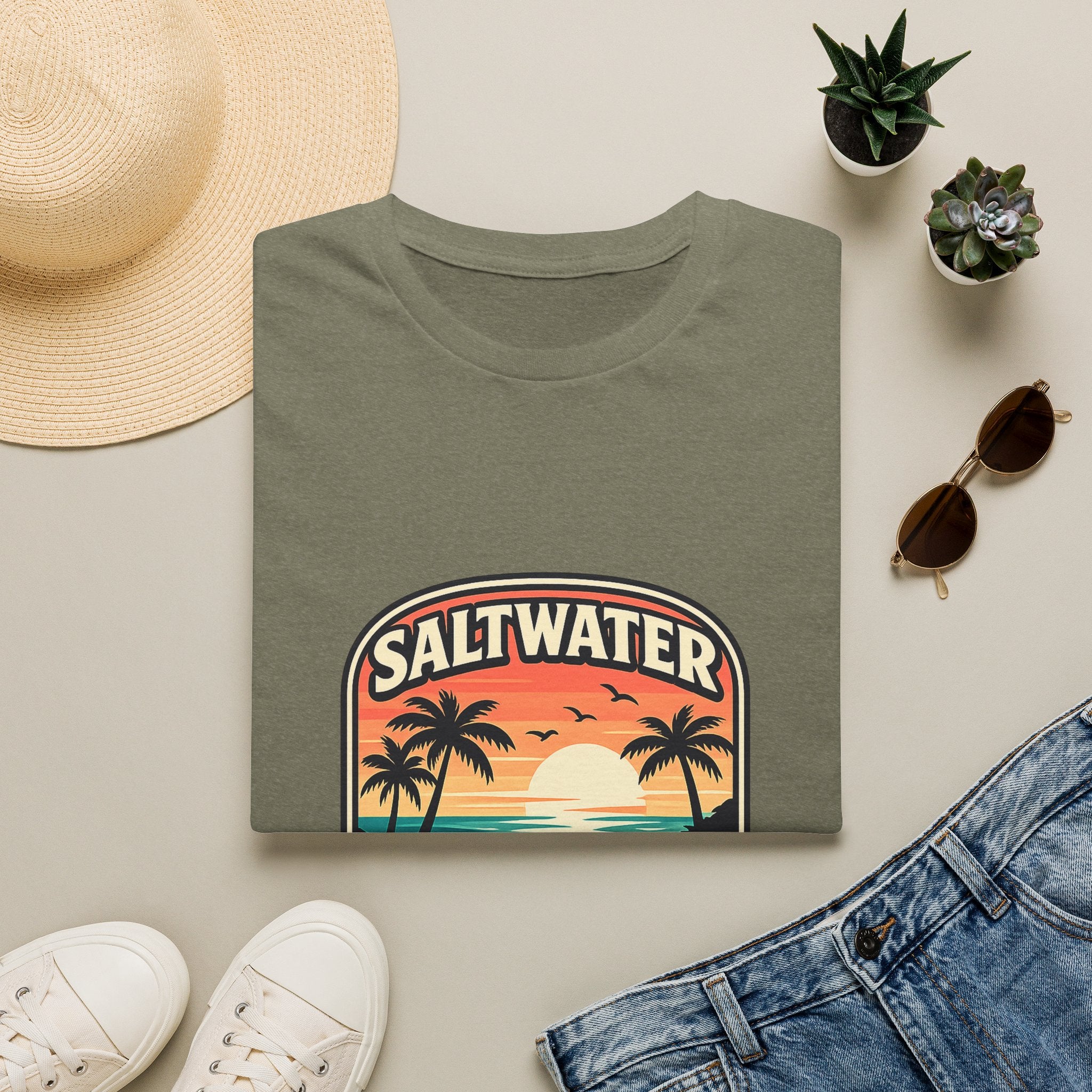 Saltwater Soul Retro Beach T-Shirt — Cute Coastal Gift for Women Sunset Palm Tee