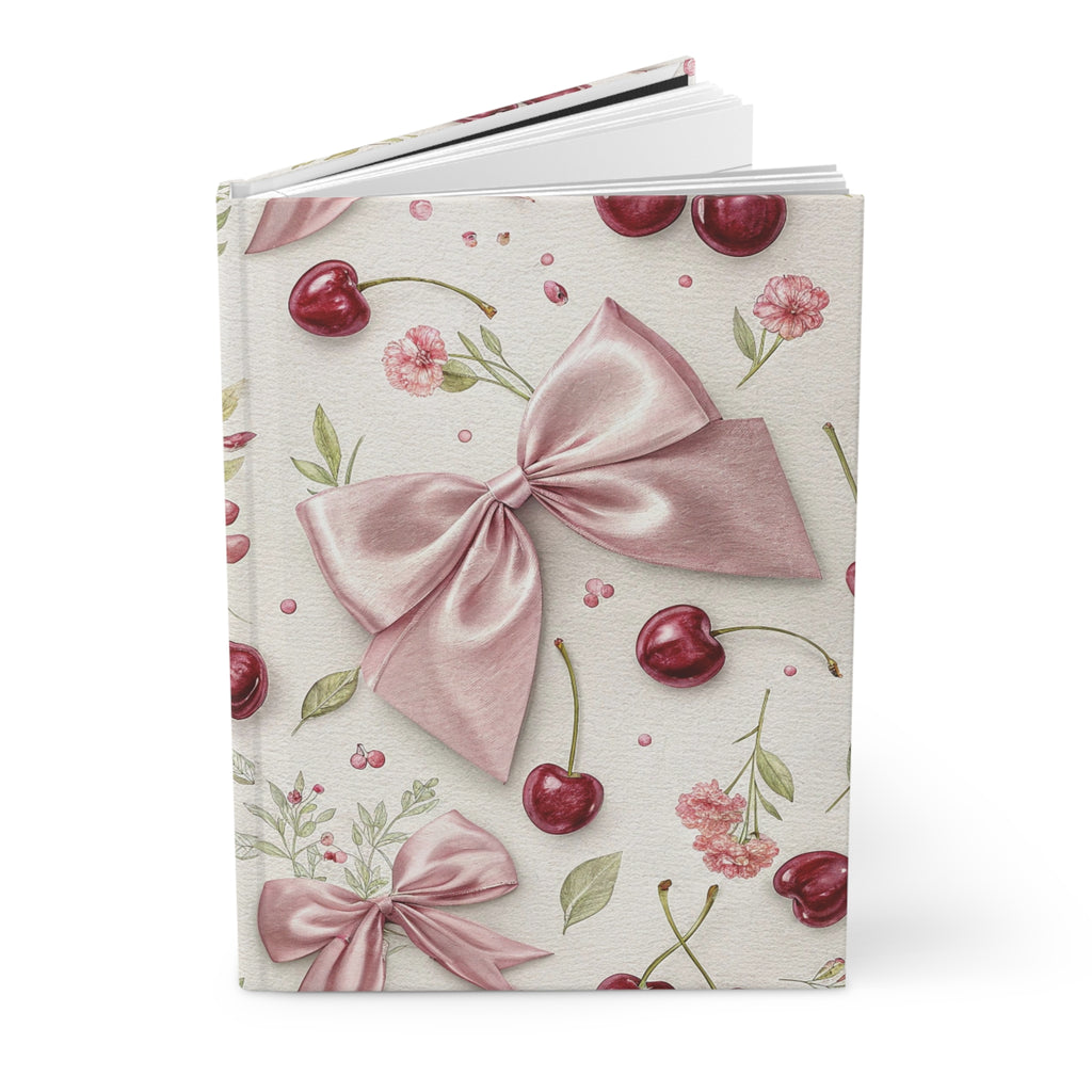 Cherry Bow Hardcover Journal — Pink Ribbon Floral Notebook for Gifts & Journaling