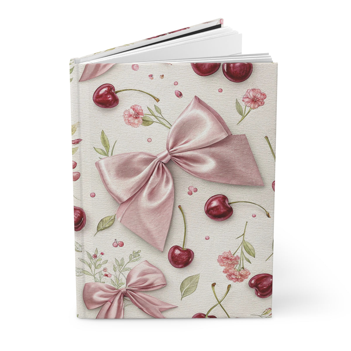 Cherry Bow Hardcover Journal — Pink Ribbon Floral Notebook for Gifts & Journaling