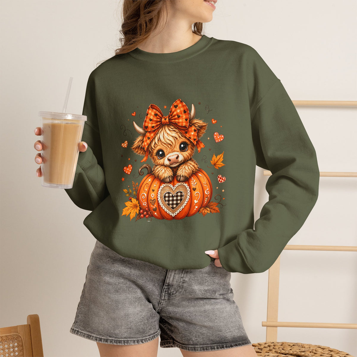 Cute Highland Cow Pumpkin Halloween Sweatshirt