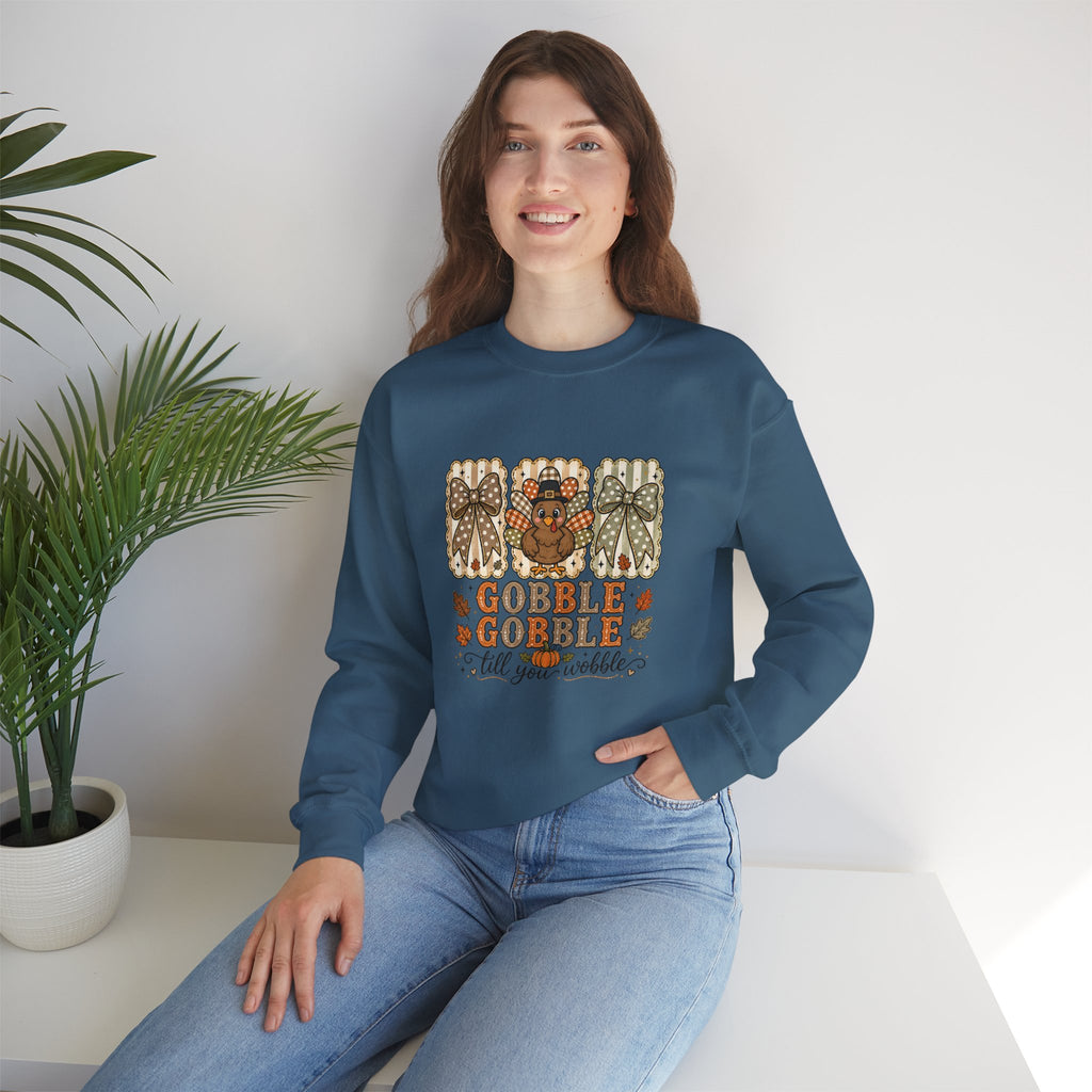 Thanksgiving Crewneck Sweatshirt — "Gobble Gobble 'til You Wobble" Turkey Design