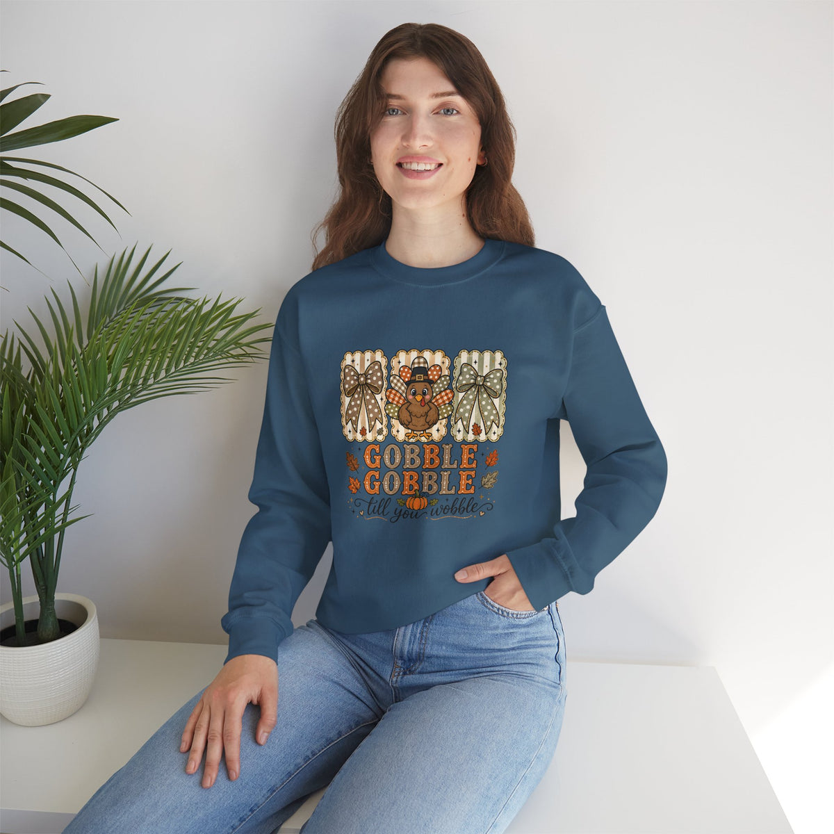 Thanksgiving Crewneck Sweatshirt — "Gobble Gobble 'til You Wobble" Turkey Design