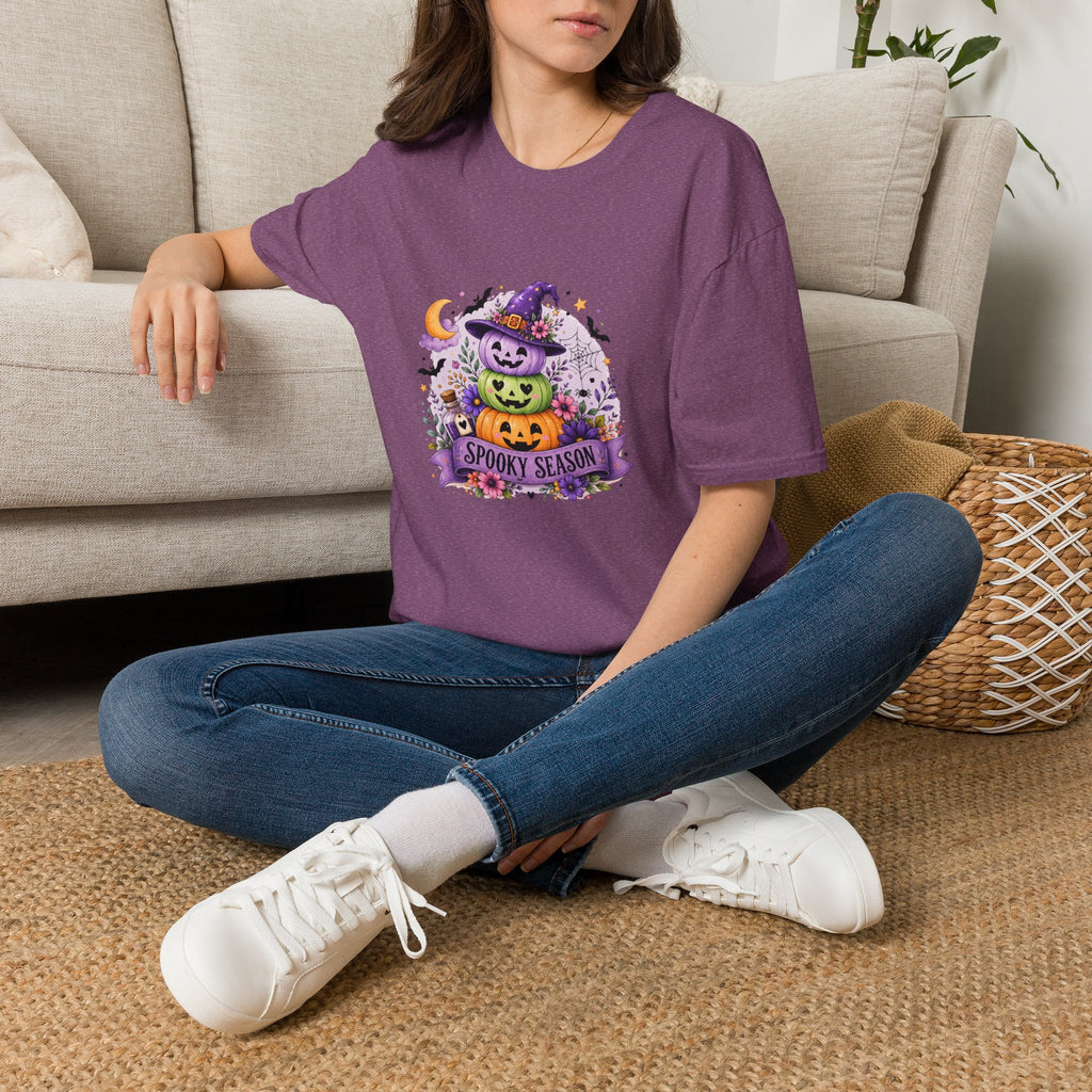 Spooky Season Pumpkin Stack T-Shirt — Cute Halloween Gift for Women Witch Hat Tee