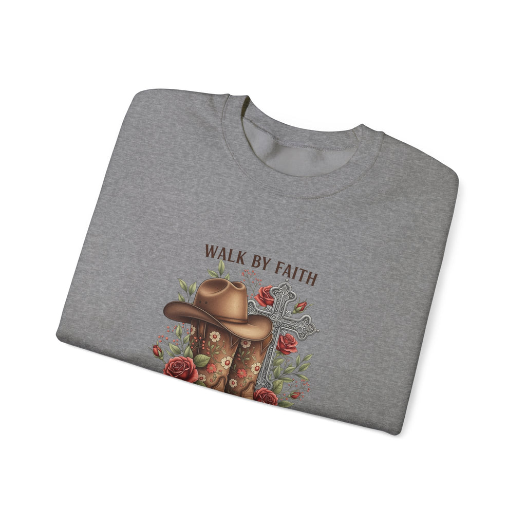 Faith Cowboy Boots Sweatshirt — "Walk by Faith, Even When You Cannot See" Christian Crewneck