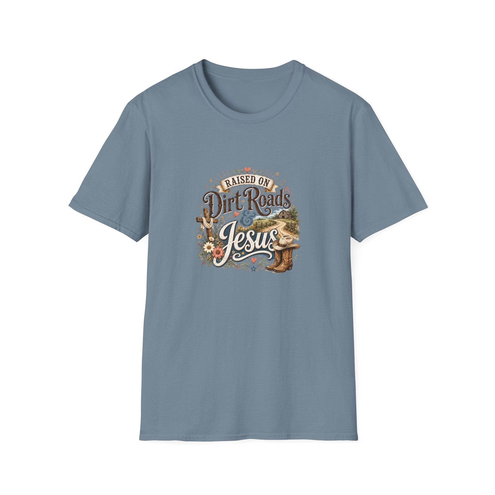 Raised on Dirt Roads & Jesus T-Shirt — Rustic Christian Gift for Women Faith Tee