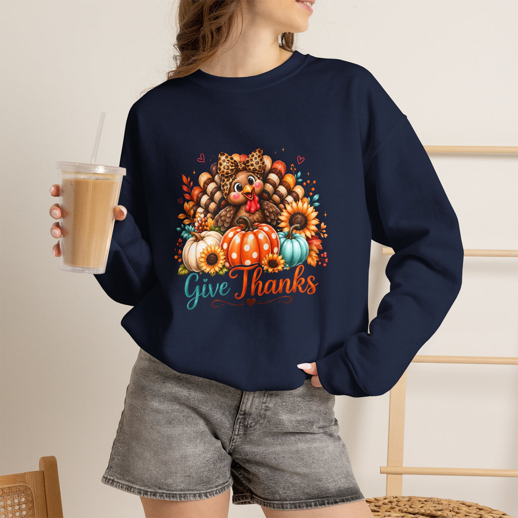 Sweatshirt — "Give Thanks" Autumn Turkey & Pumpkin Thanksgiving Crewneck