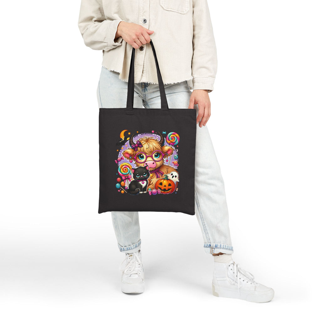 Halloween Cow Costume Canvas Tote Bag — Cute Funny Gift for Her Pumpkin & Cat Shopper