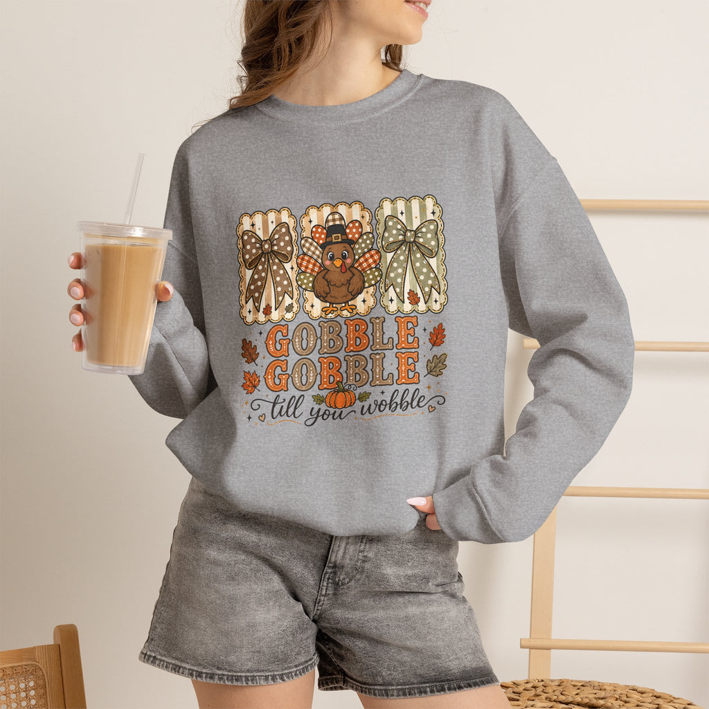 Thanksgiving Crewneck Sweatshirt — "Gobble Gobble 'til You Wobble" Turkey Design