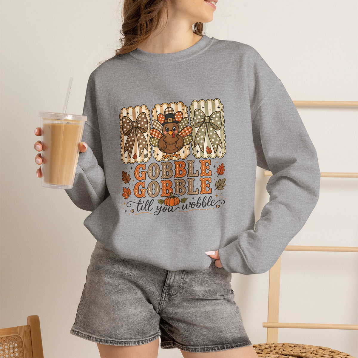Thanksgiving Crewneck Sweatshirt — "Gobble Gobble 'til You Wobble" Turkey Design