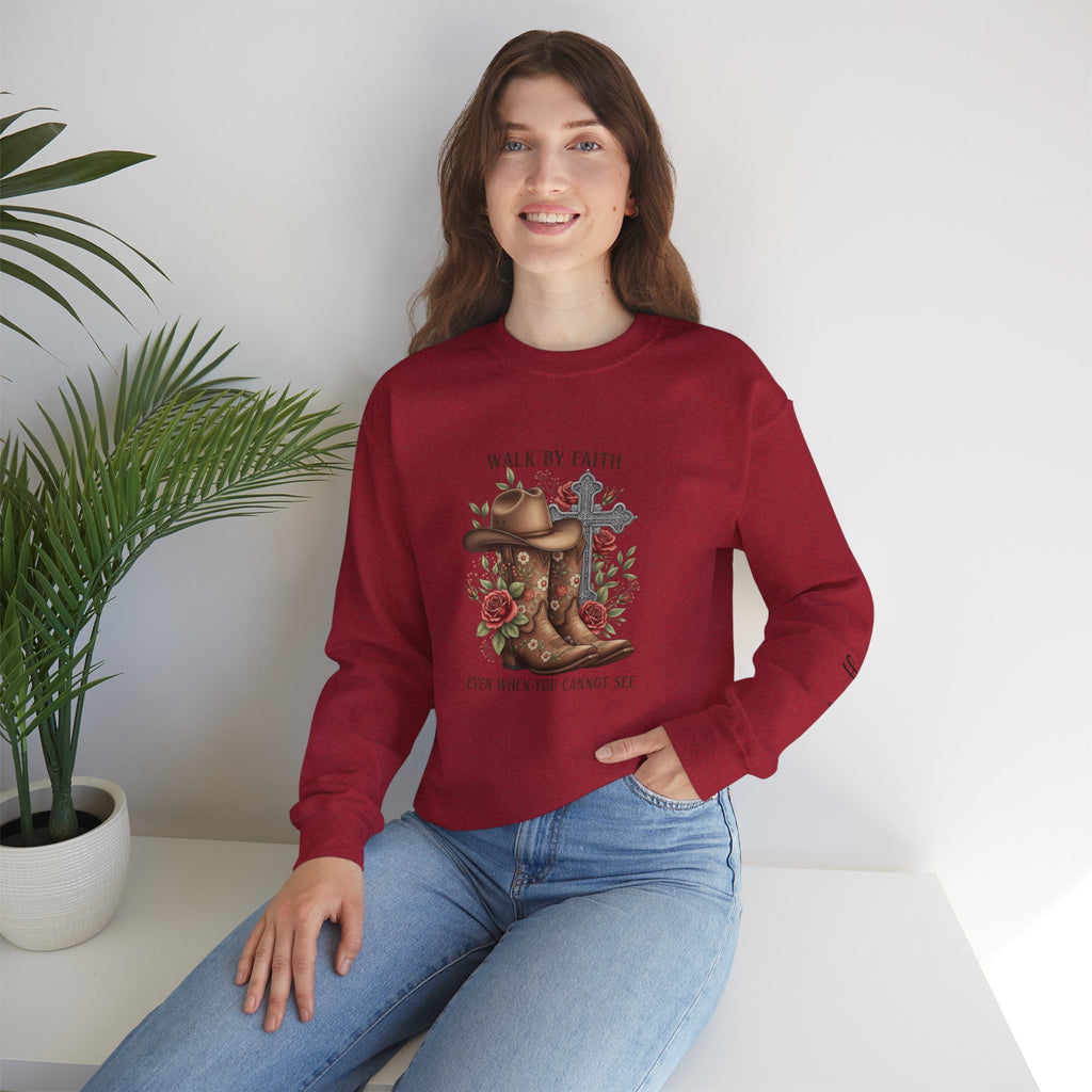 Faith Cowboy Boots Sweatshirt — "Walk by Faith, Even When You Cannot See" Christian Crewneck