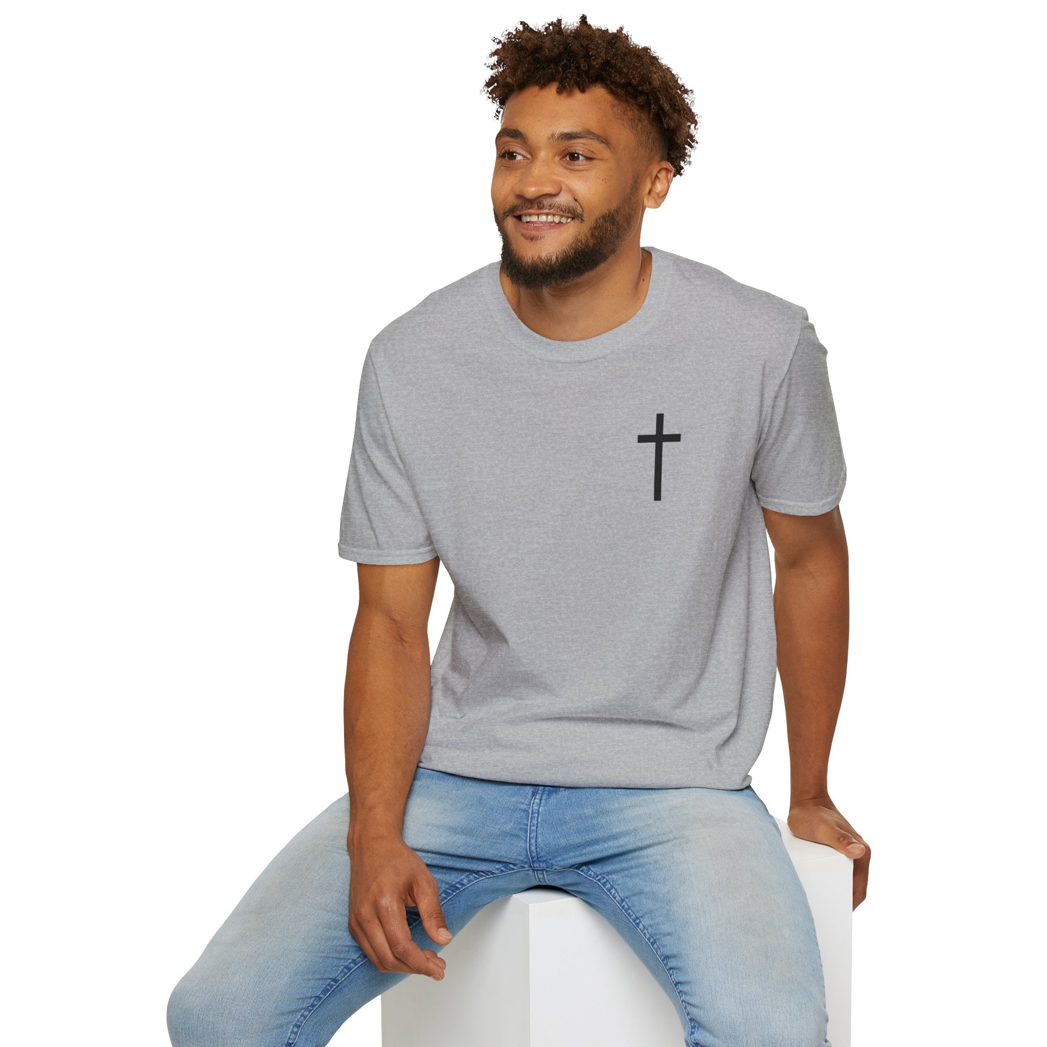 Man of Faith Rooted in Christ T-Shirt — Christian Gift for Him Flag & Cross Back Print Graphic Tee