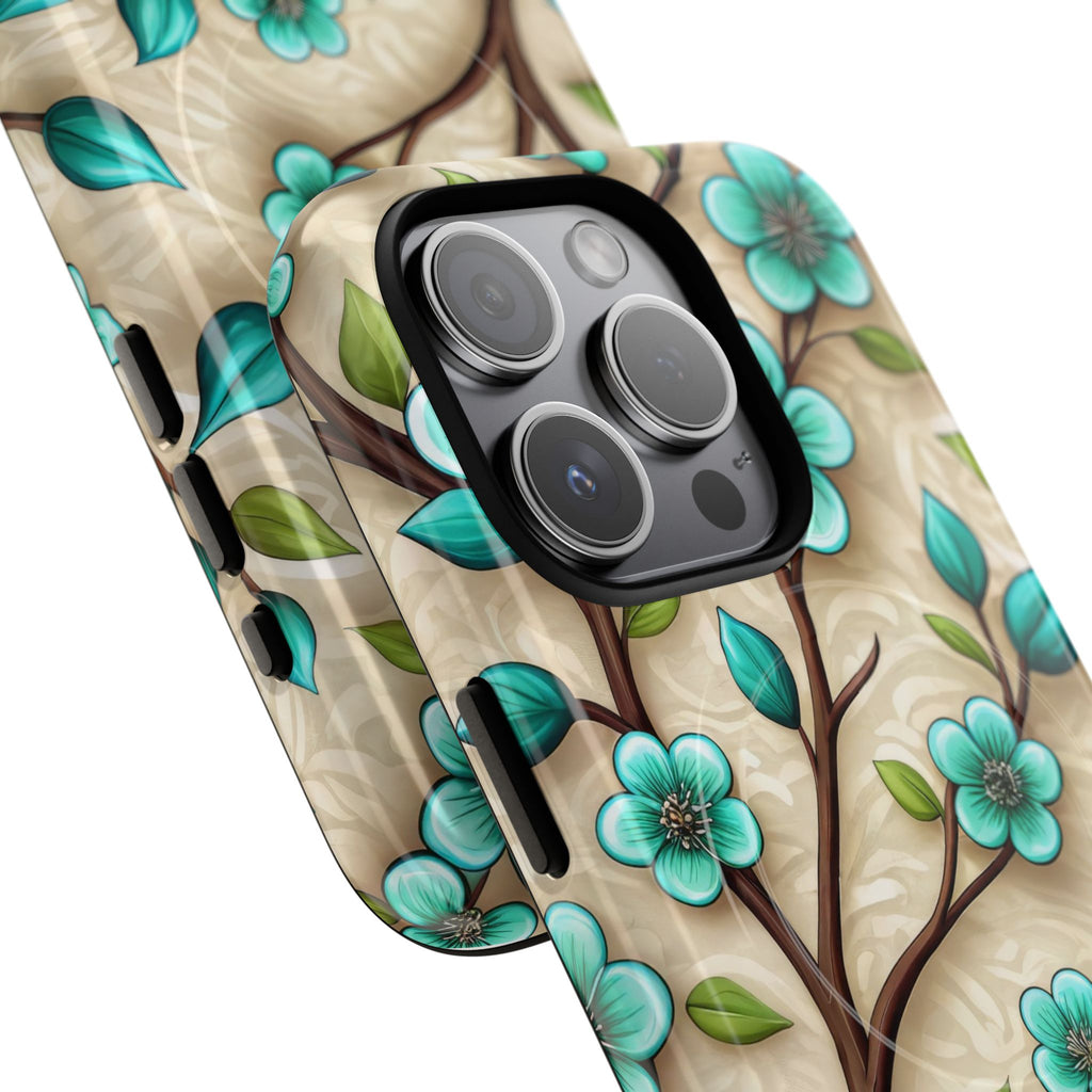 Floral Teal Blossom Tough Magnetic iPhone Case — MagSafe Protective Cover