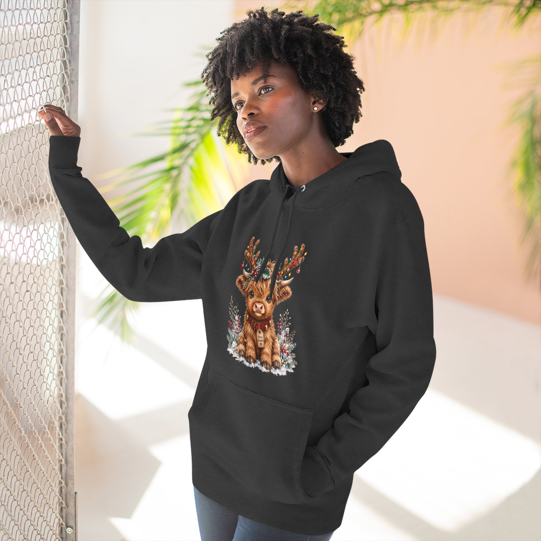 Cute Reindeer Fleece Hoodie - Christmas Woodland Holiday Sweatshirt