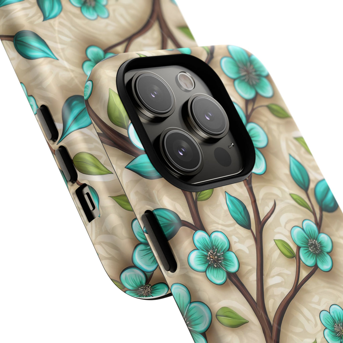 Floral Teal Blossom Tough Magnetic iPhone Case — MagSafe Protective Cover