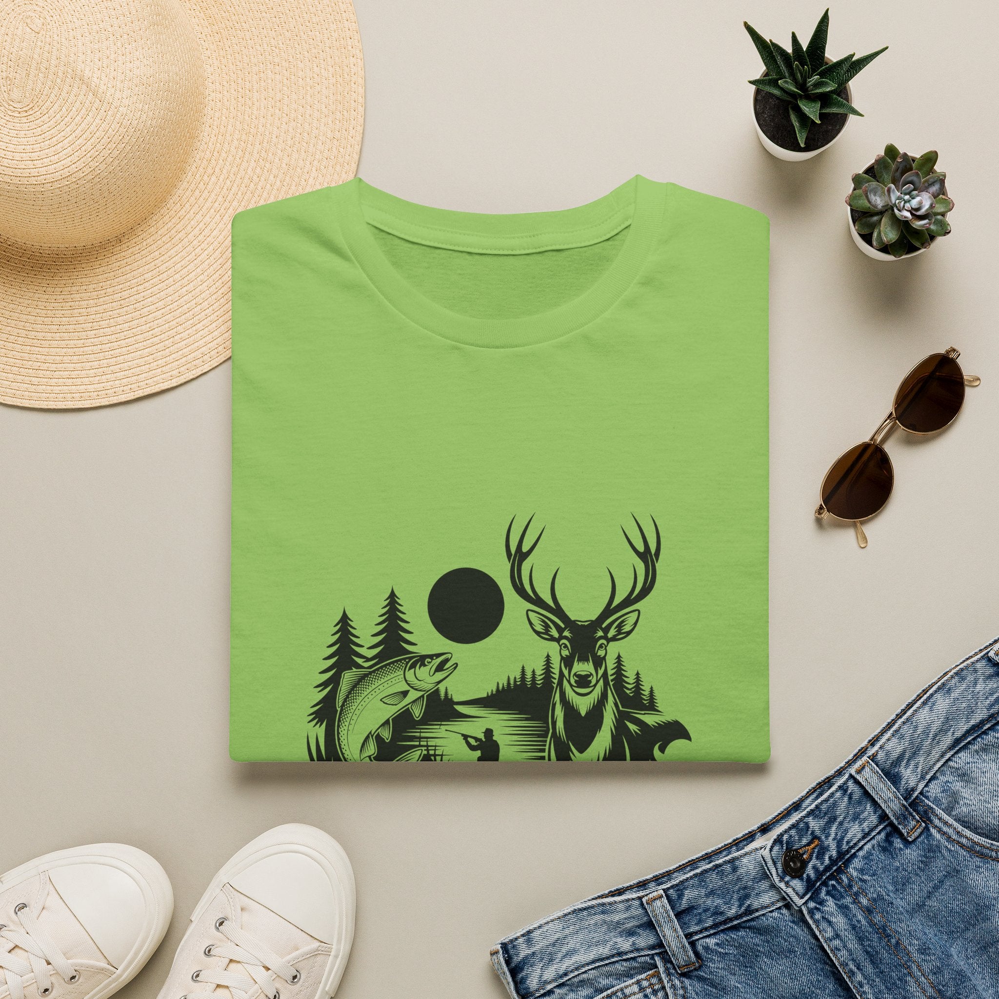 Deer & Fish Forest Silhouette T-Shirt — Rustic Outdoor Gift for Hunters Graphic Tee
