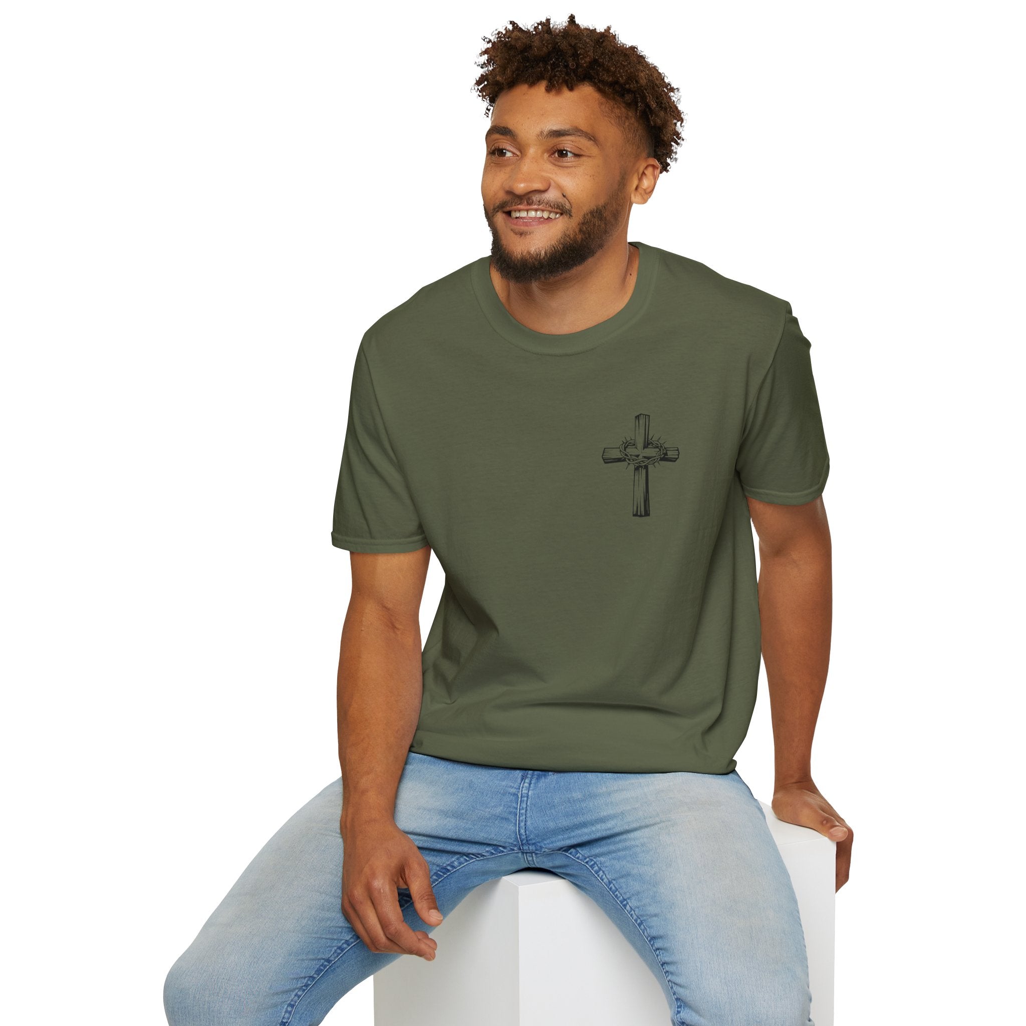 Cross Lion and Jesus Back Print T-Shirt — Wood Cross Chest Christian Faith Graphic
