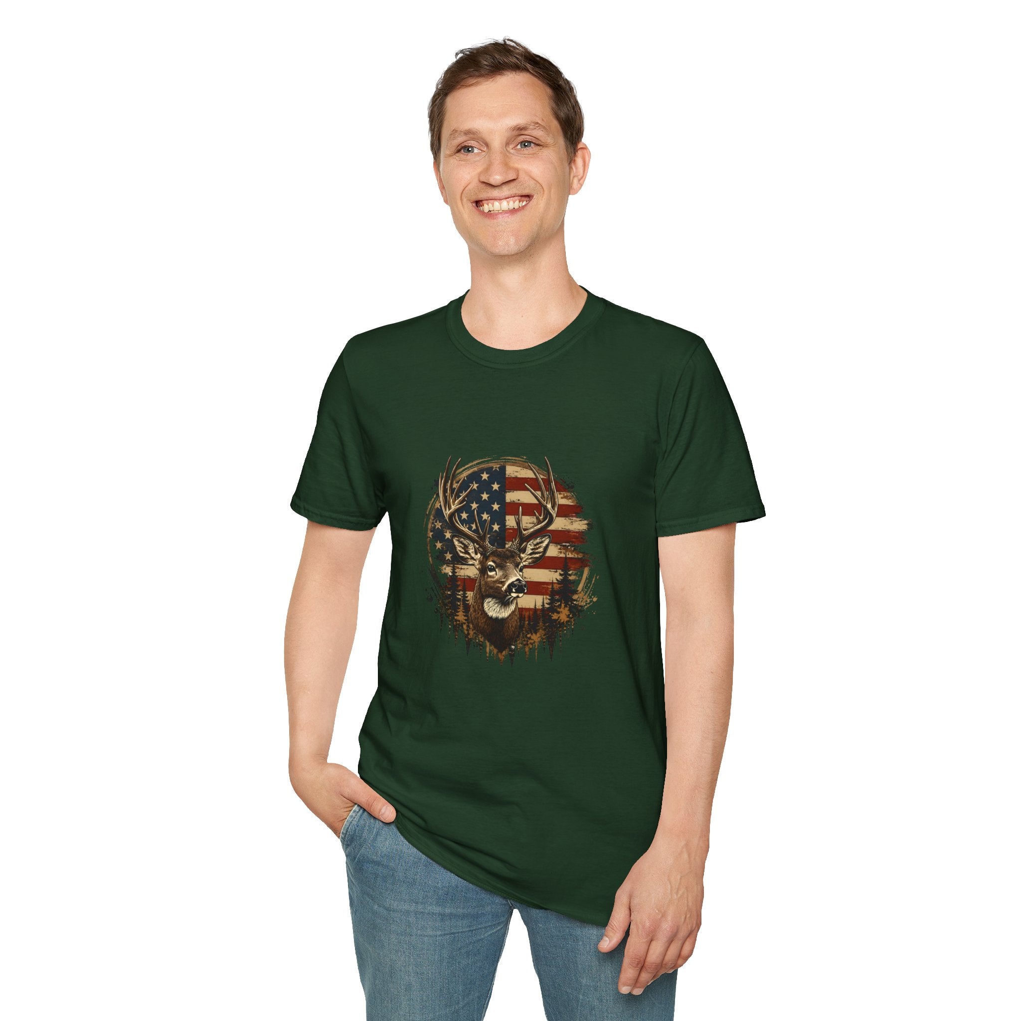 American Flag Deer T-Shirt — Patriotic Buck Gift for Hunters Men's Graphic Tee